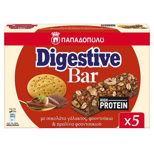 ΠΑΠΑΔΟΠΟΥΛΟΥ DIGESTIVE BARS ΜΕ ΠΡΩΤΕΪΝΗ (5x28gr.) - (ΣΟΚΟΛΑΤΑ ΓΑΛΑΚΤΟΣ,ΦΟΥΝΤΟΥΚΙΑ & ΠΡΑΛΙΝΑ ΦΟΥΝΤΟΥΚΙΟΥ)