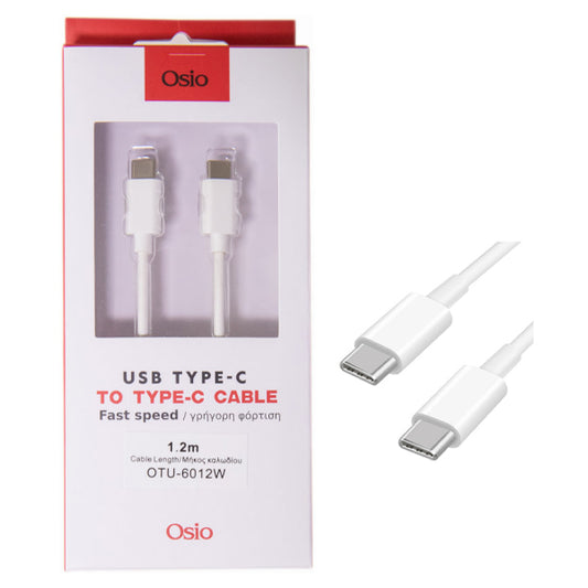 OSIO ΚΑΛΩΔΙΟ ΦΟΡΤΙΣΗΣ ΚΑΙ ΣΥΓΧΡΟΝΙΣΜΟΥ ΑΠΟ TYPE C ΣΕ TYPE C (1,2m) - (ΛΕΥΚΟ) (OTU-6012W)