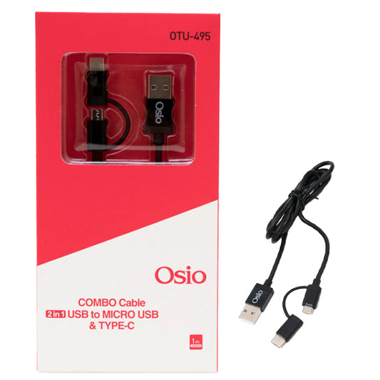 OSIO ΚΑΛΩΔΙΟ ΦΟΡΤΙΣΗΣ ΚΑΙ ΣΥΓΧΡΟΝΙΣΜΟΥ ΑΠΟ USB ΣΕ MICRO & TYPE C (1m) - (ΜΑΥΡΟ) (OTU-495B)