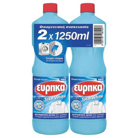 ΕΥΡΗΚΑ ΥΓΡΟ ΛΕΥΚΑΝΤΙΚΟ ΡΟΥΧΩΝ (2x1250ml) - (ΕΝΕΡΓΟ ΧΛΩΡΙΟ)
