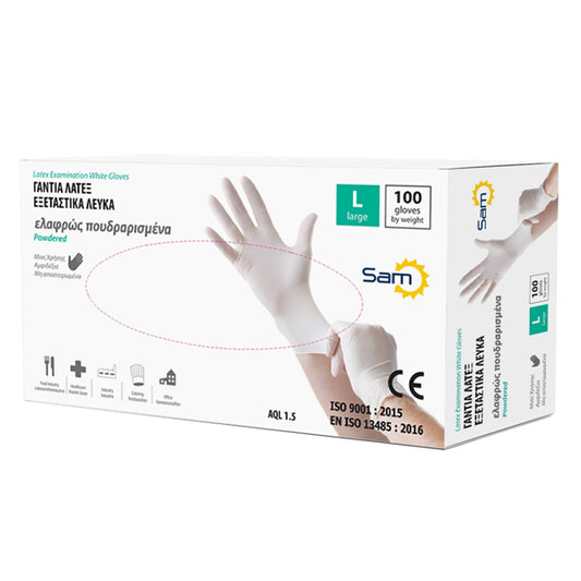 SAM ΓΑΝΤΙΑ ΛΑΤΕΞ ΕΛΑΦΡ. ΠΟΥΔΡΑΡΙΣΜΕΝΑ ΛΕΥΚΑ (100τεμ.) - (LARGE)