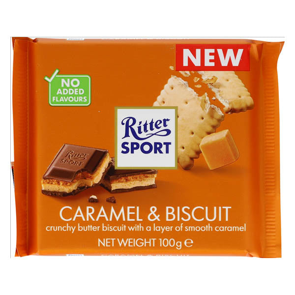 RITTER SPORT ΣΟΚΟΛΑΤΑ 100gr. - (ΓΑΛΑΚΤΟΣ ΜΕ ΜΠΙΣΚΟΤΟ & ΚΑΡΑΜΕΛΑ)
