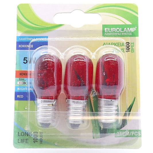 EUROLAMP ΛΑΜΠΑ ΝΥΚΤΟΣ 5W E14 KOKKINH (3τεμ.) - (800-88182)