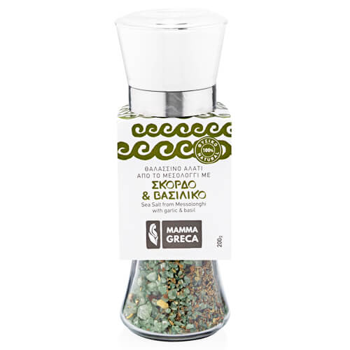 MAMMA GRECA ΑΛΑΤΙ ΜΕΣΟΛΟΓΓΙΟΥ ΜΕ ΣΚΟΡΔΟ & ΒΑΣΙΛΙΚΟ 200gr. - (ΒΑΖΟ ΜΕ ΜΥΛΟ)